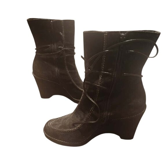 Franco Boots Wedge Heel Women's Size 7.5 Gray Dark Brown Ema Leather Side Zip - Picture 2 of 7